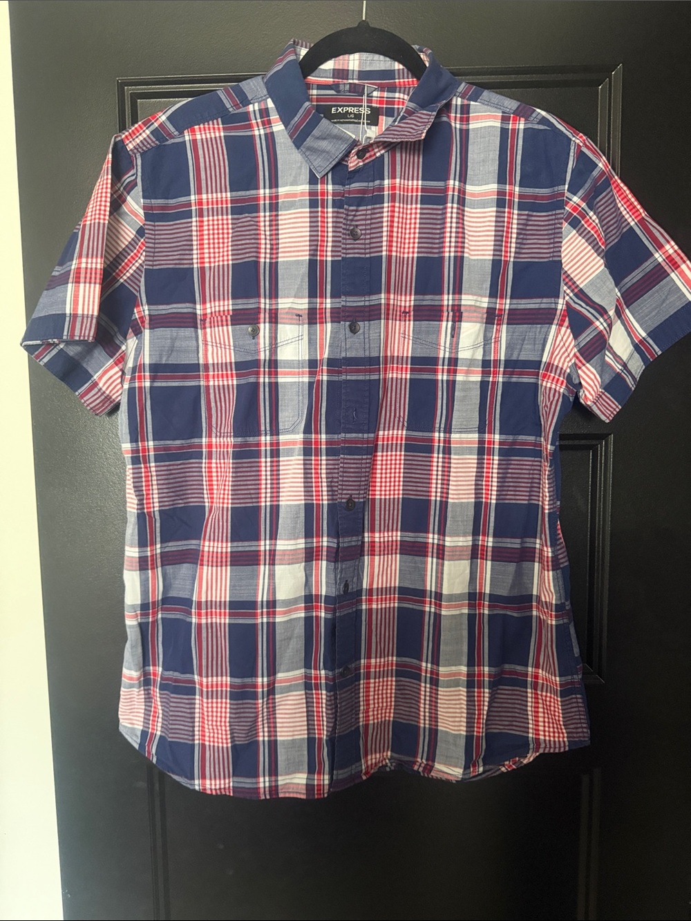 Express Short Sleeve Plaid Button-Down Shirt - Blue/Red/White